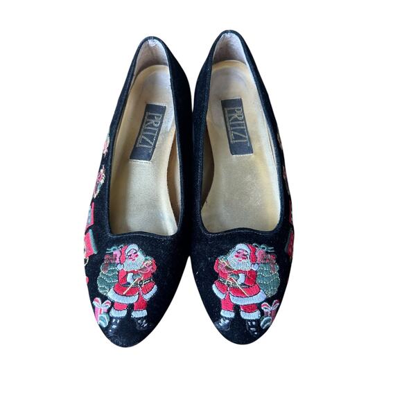 Vintage Pritzi Black Velvet Women's Embroidered Christmas Flats Santa Train sz 7 - Picture 2 of 11